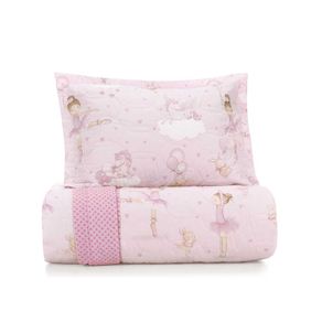 Cobre-Leito-Solteiro-Infantil-Karsten-com-1-Porta-Travesseiros-180-Fios-Percal-Bailarina-Branco