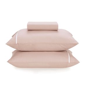 Lençol Casal com Elástico e Fronhas Percal 100% Algodão Noah Rosa/Branco