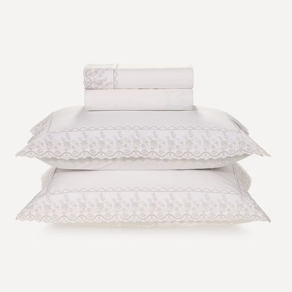Jogo de Cama Casal 200 Fios Bordado Antônia Branco/Prata