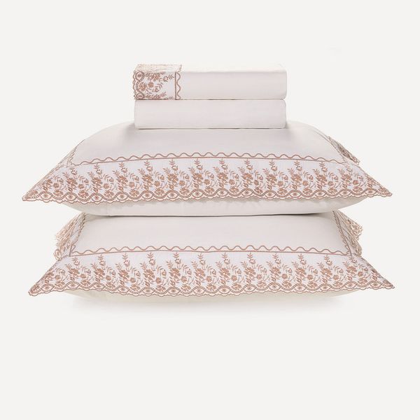 Jogo de Cama Casal 200 Fios Bordado Antônia Branco/Rosa