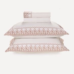 Jogo de Cama Casal 200 Fios Bordado Antônia Branco/Rosa